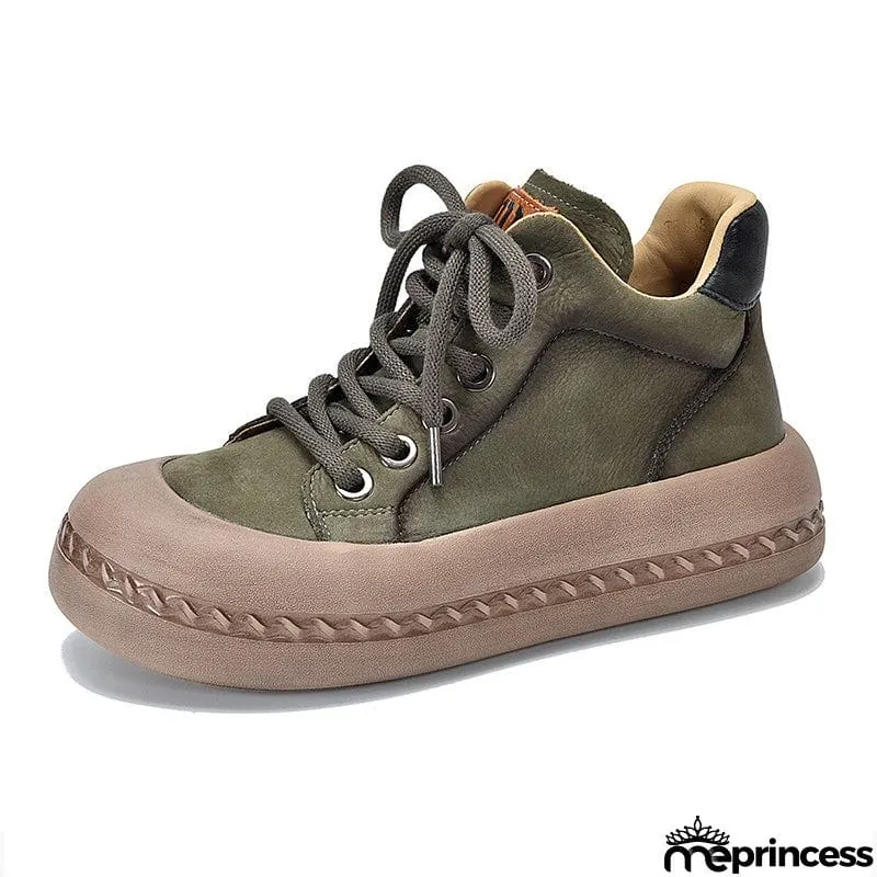 Genuine Leather Retro High Top Thick-soled  Lady Shoes