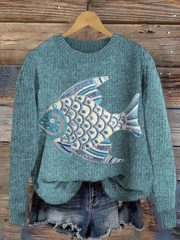 Comstylish Jeweled Ocean Fish Pattern Knit Sweater