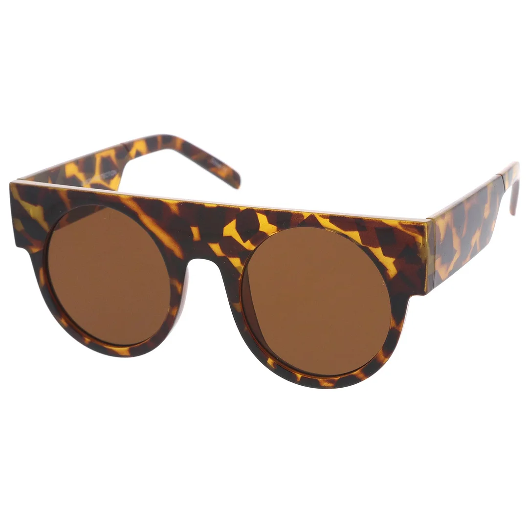 Futuristic Flat Top Wide Temple Flat Lens Round glasses 47mm