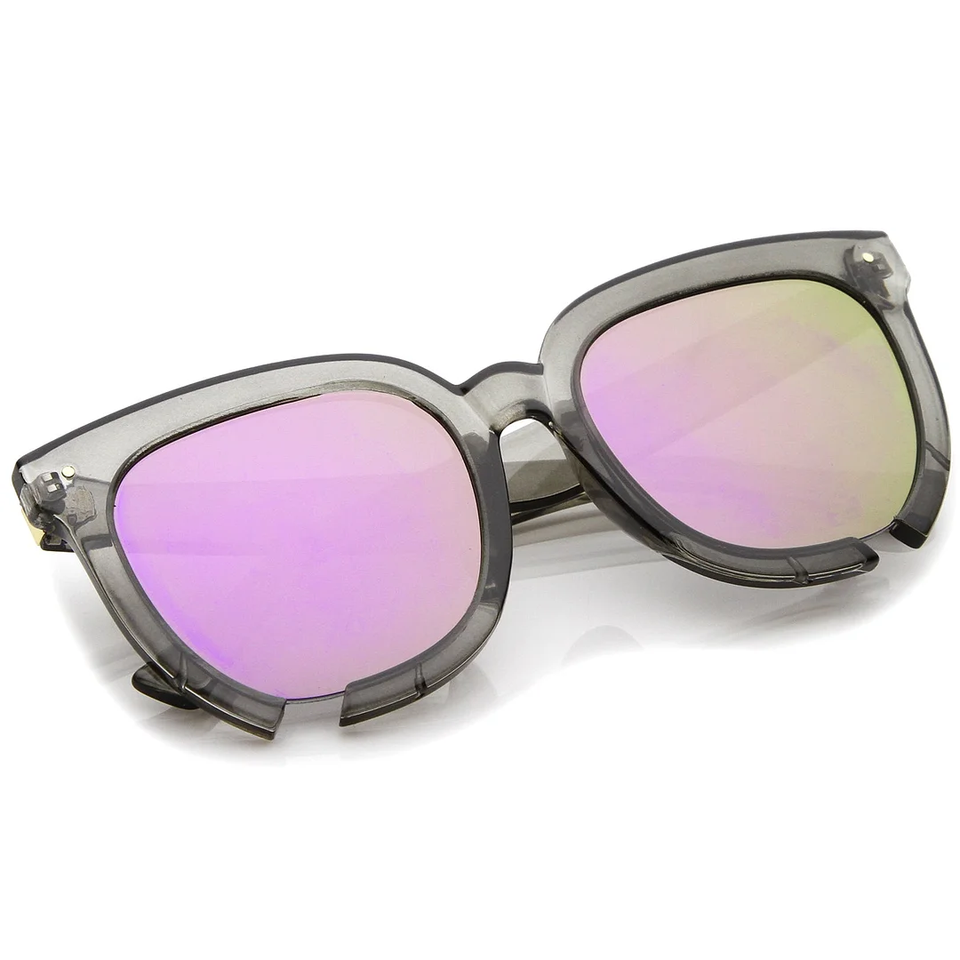 Oversize Notch Detail Square Colored Mirror Flat Lens Horn Rimmed glasses 54mm