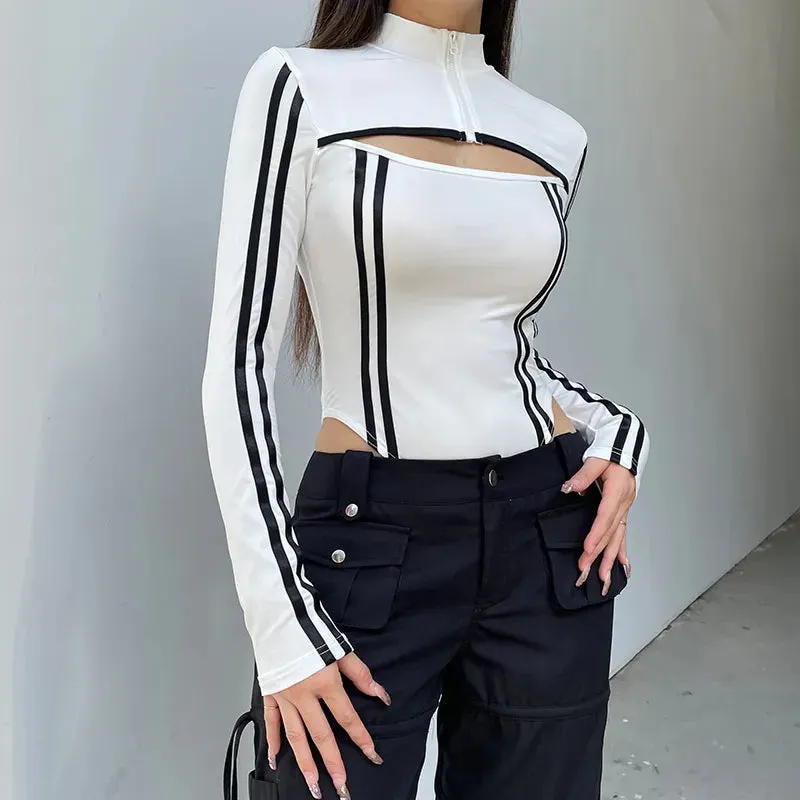 Brownm Striped Cut Out Bodysuit
