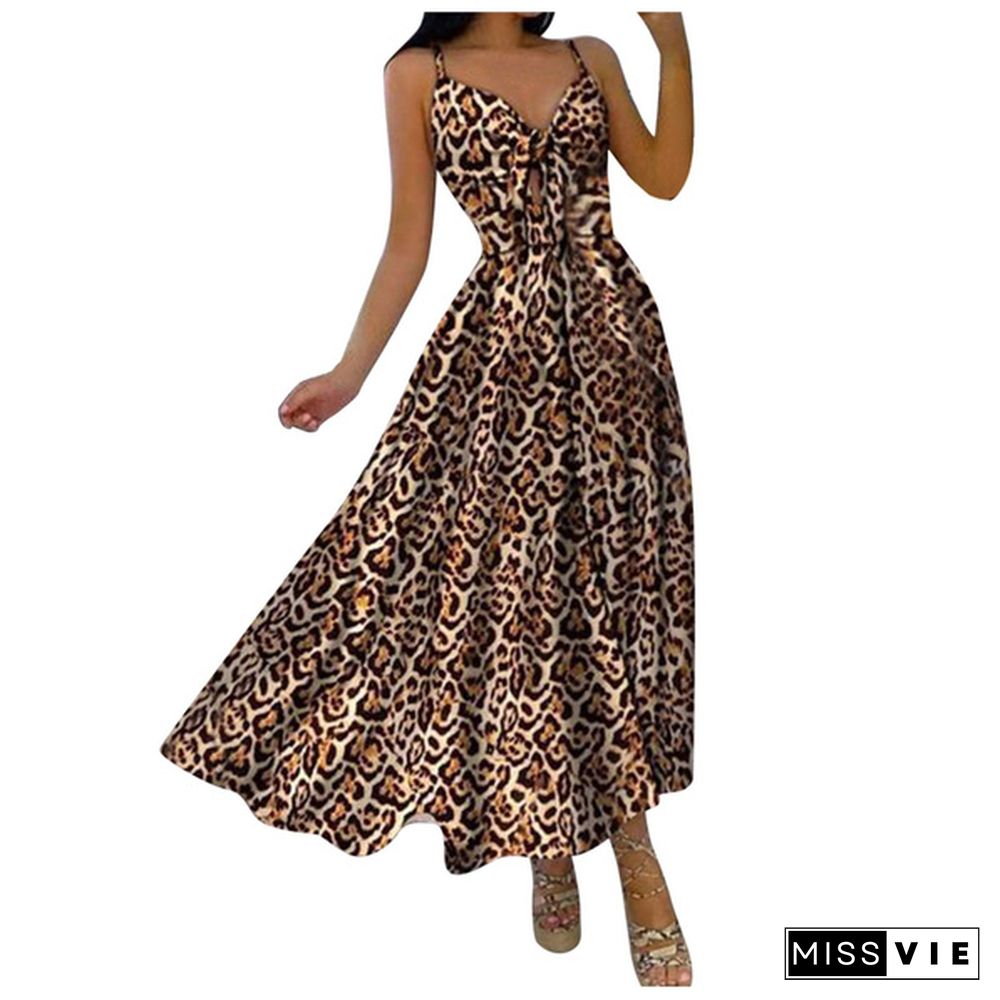 Women Fashion V-neck Tie Waist Floral Sling Dress