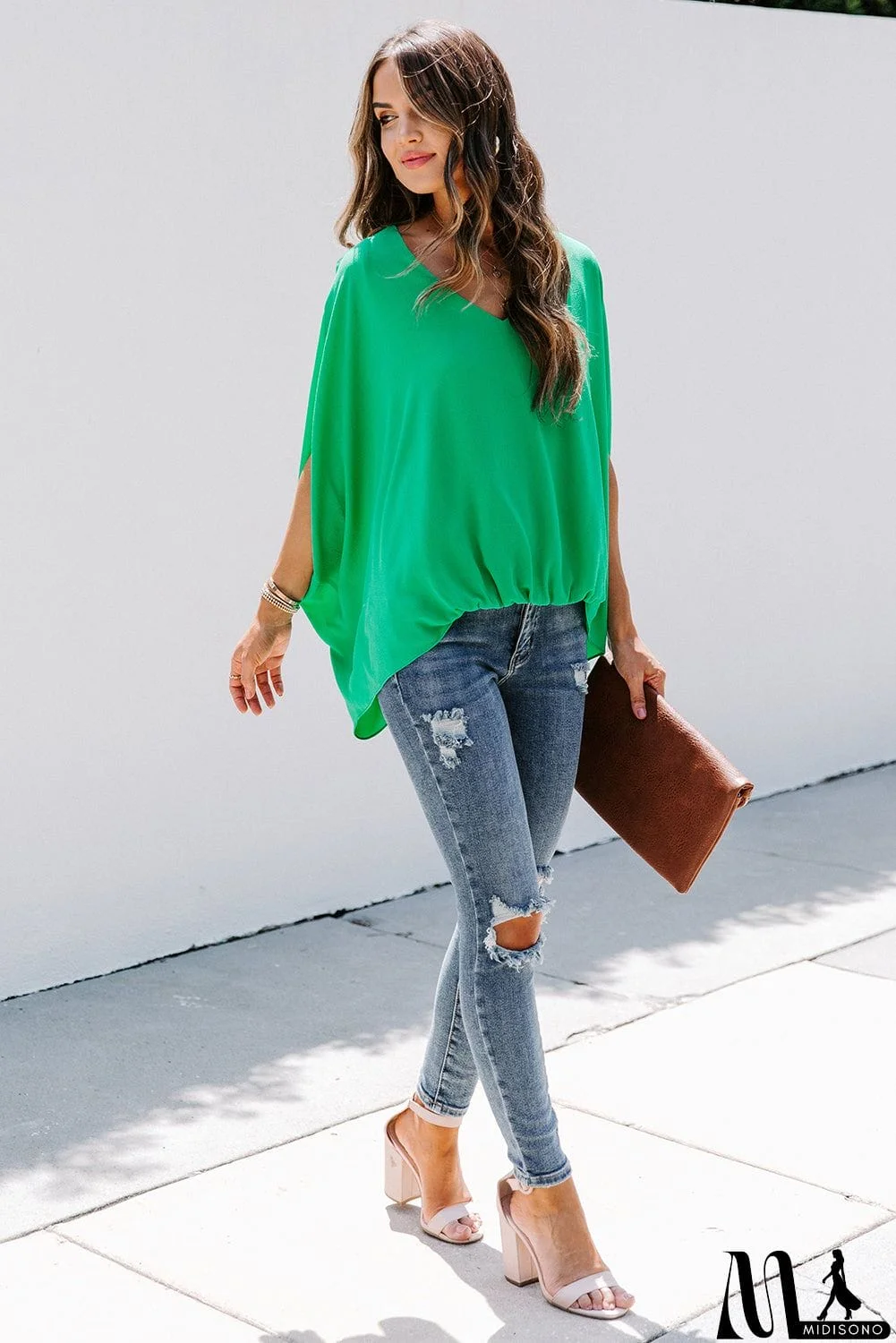 MidiSono - Draped Dolman Sleeves V Neck Blouse