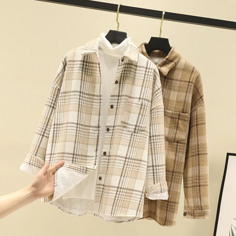 Athvotar Athvotar Thick Hair Coat Women 2025 Autumn And Winter New Shirt Port Loose Long-Sleeved Grinding Lattice Plus Velvet Shirt Woman