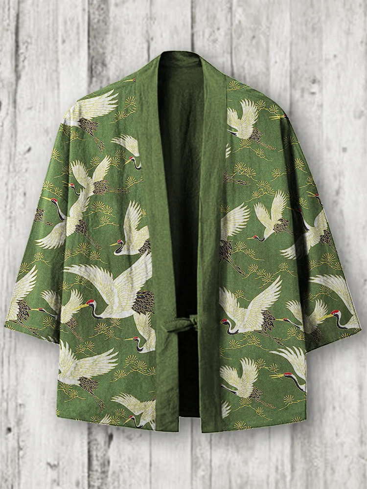 Cranes & Pine Trees Japanese Pattern Flowy Linen Blend Kimono Cardigan
