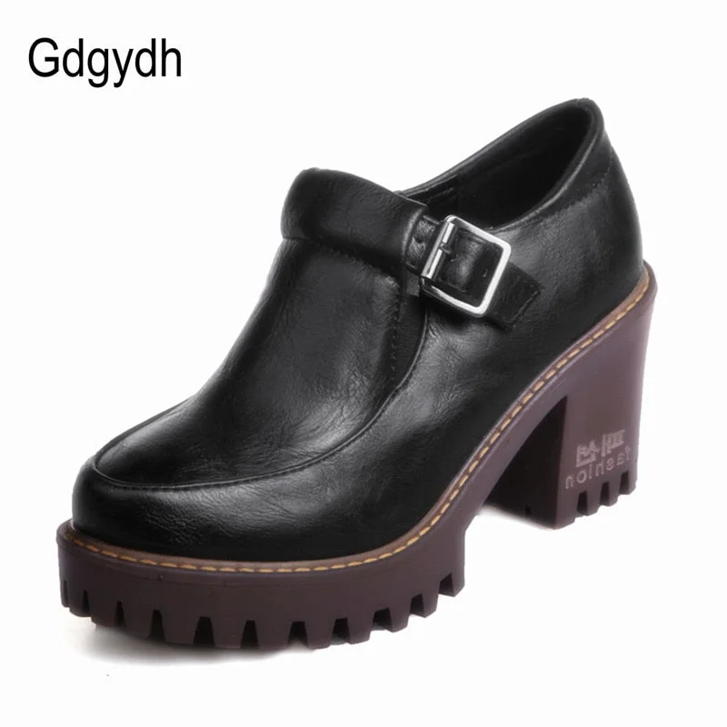 Gdgydh New 2021 Spring Platform Women Shoes On Heels British Style Single Shoes Round Toe Square Heels Ladies Pumps Large Size