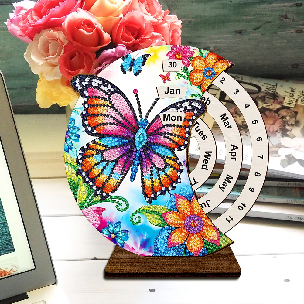 DIY Flowers Butterfly Special Shape Diamond Painting Spinning Calendar for Adults