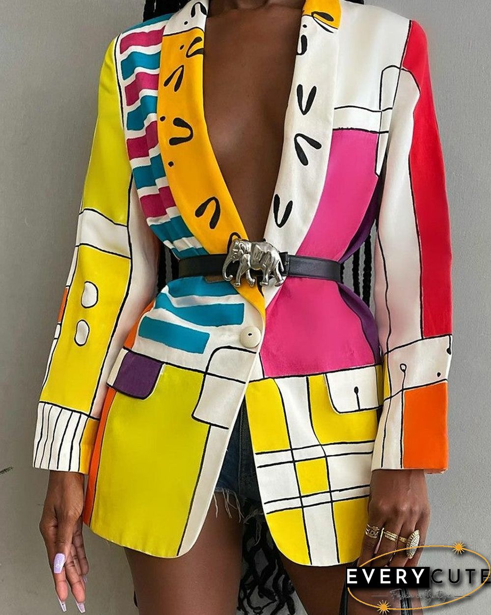 Abstract Print Shawl Collar Single Button Blazet