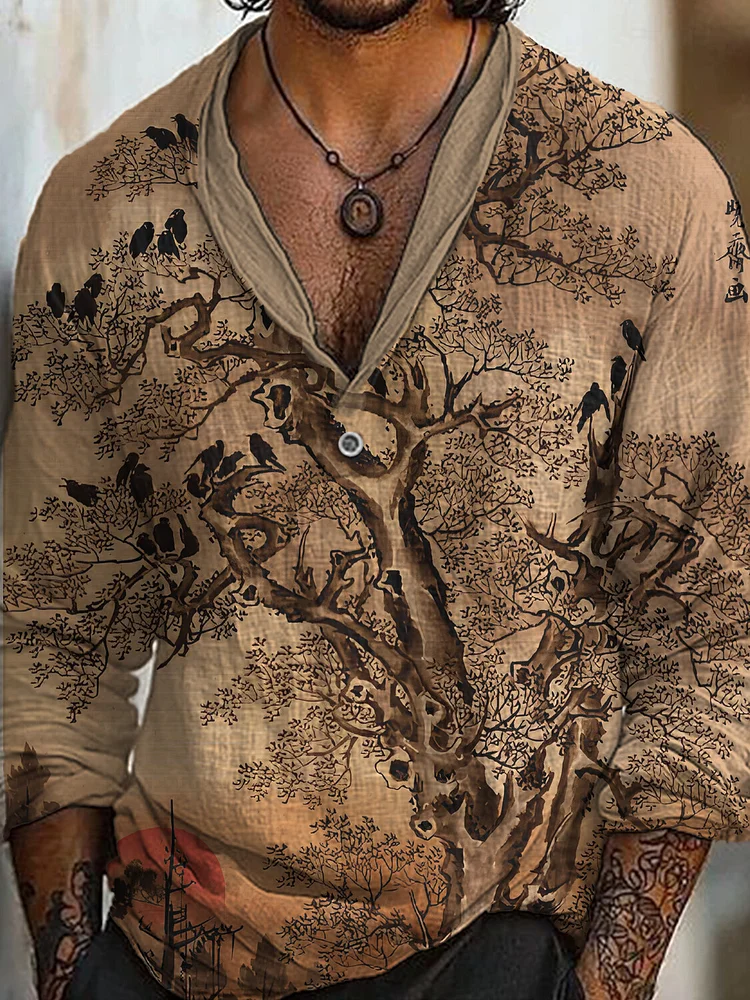 Men's Retro Chinese Bird Painting Print Long Sleeve Shirt