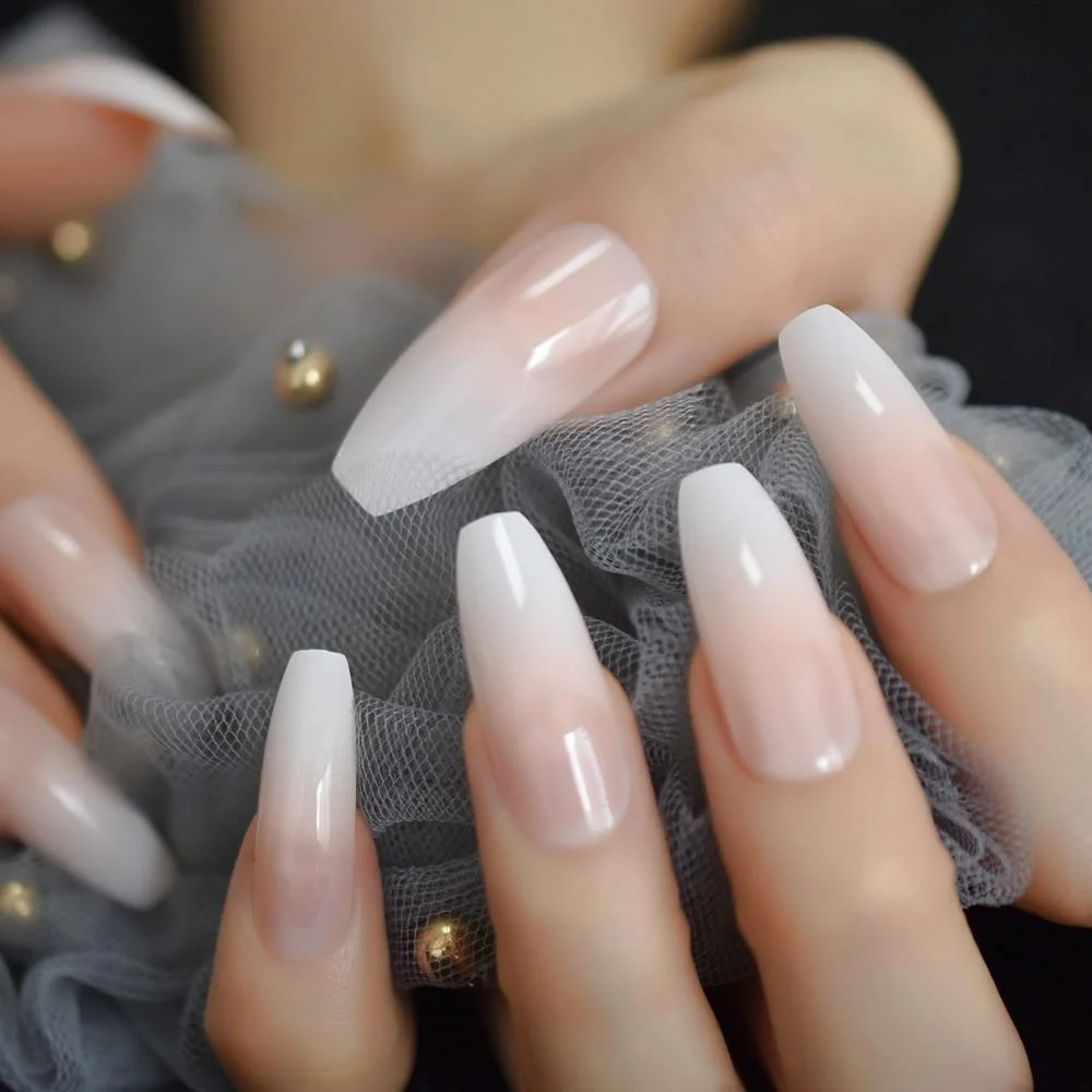 Ombre French Tip Extra Long Ballerina Shape False Press on Natural Nails White Gradient Nude Coffin Tips with Adhesive Tabs 24 0917