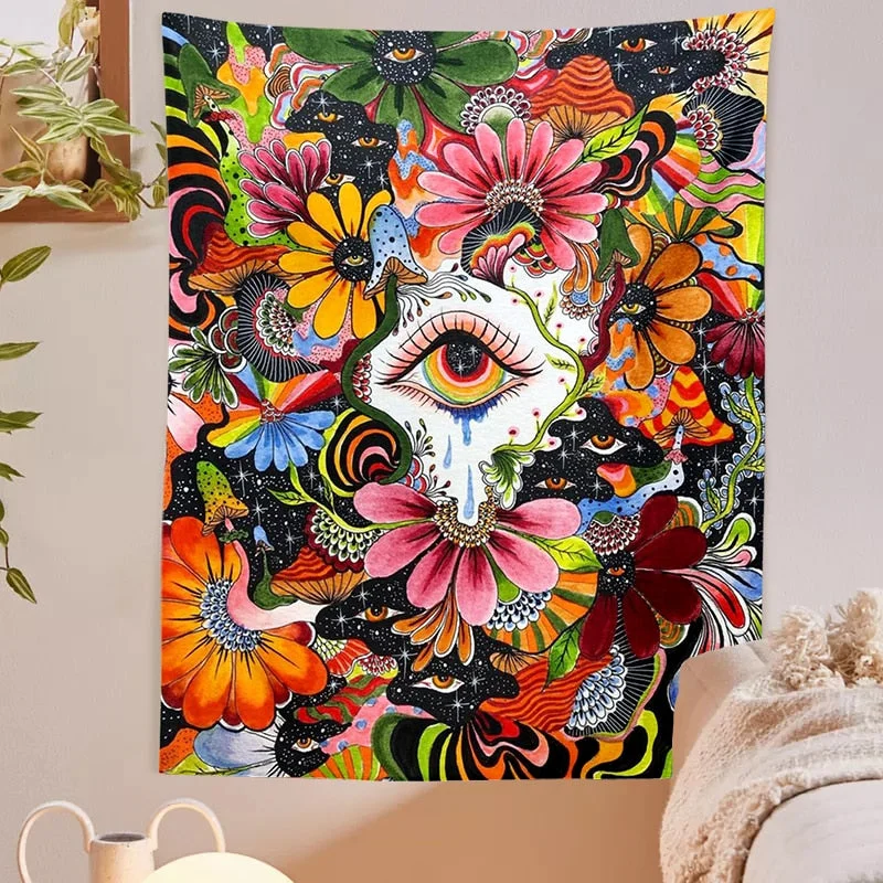Psychedelic Mushroom Tapestry Wall Hanging Botanical Celestial Floral Tapestry Hippie Eye Wall Carpets Dorm Decor Starry Carpet