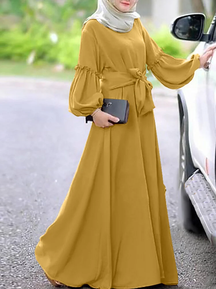 Solid Color Pleated Waistband Long Sleeve Casual Muslim Dress for Women