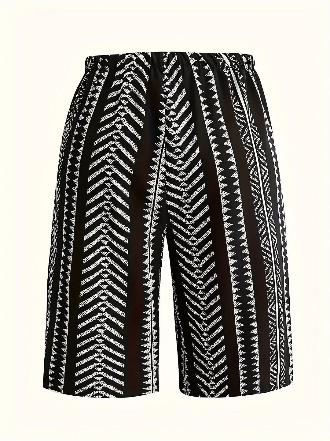 Women's Elegant High-Waisted Straight-Leg Casual Shorts With Black & White Geometric Print - Faux Drawstring Waist, Machine Washable Non-Stretch Fabric For Spring Summer Fall, Cute Shorts, Seasonal Fashion Wear, Highwaisted Design, No Stretch Material | IFYHOME