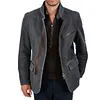 Men Vintage Stand Collar Suede Blazer Side Zip Fly Contrast Leather Webbing Medium Length Jacket Coats by Inlyline