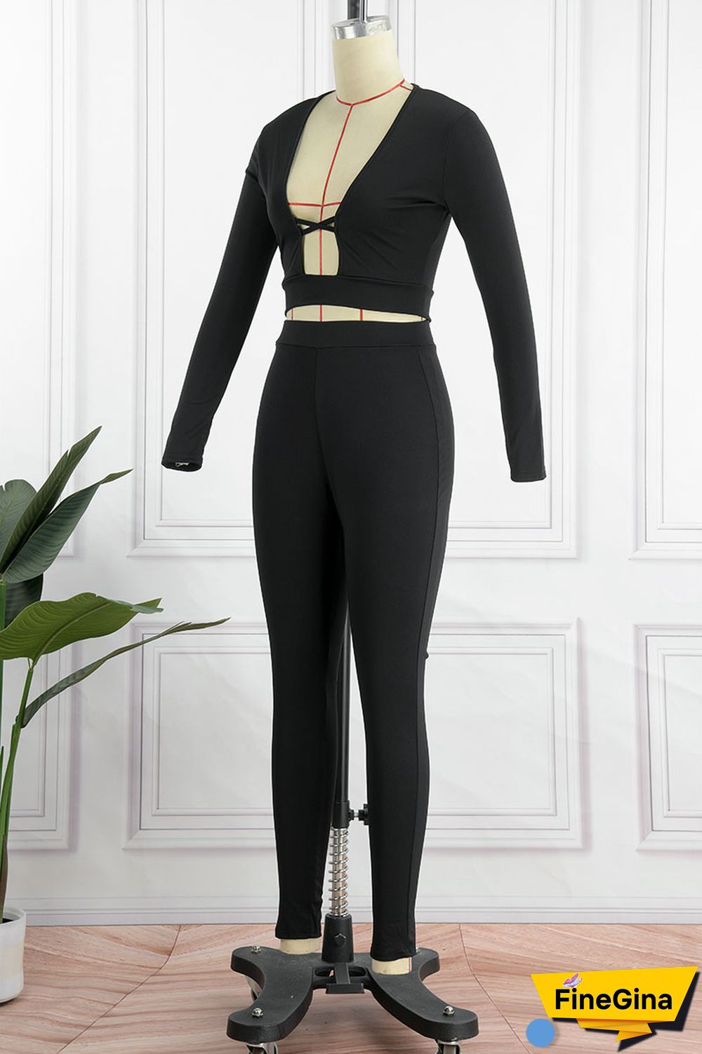 Pink Sexy Solid Patchwork V Neck Long Sleeve Two Pieces