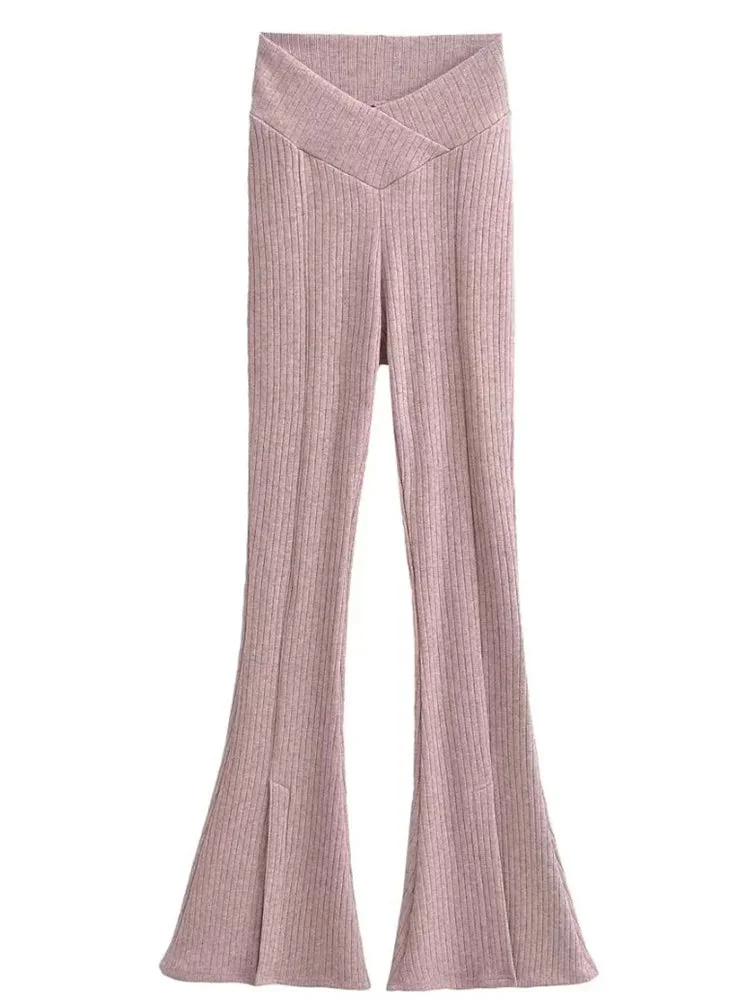 Huiketi Knit Skinny Flared Trousers Split Out Trousers For Women Cross Low Waist White Casual Streetwear Flared Pants 2024 New