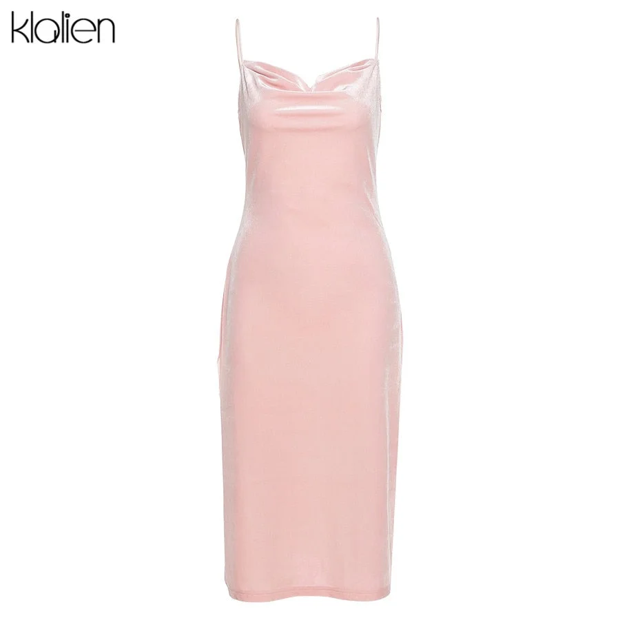KLALIEN Fashion Elegant Party Strap Dress Women Summer 2021 New Solid Pink Simple Office Lady Street Vacation Beach Dress