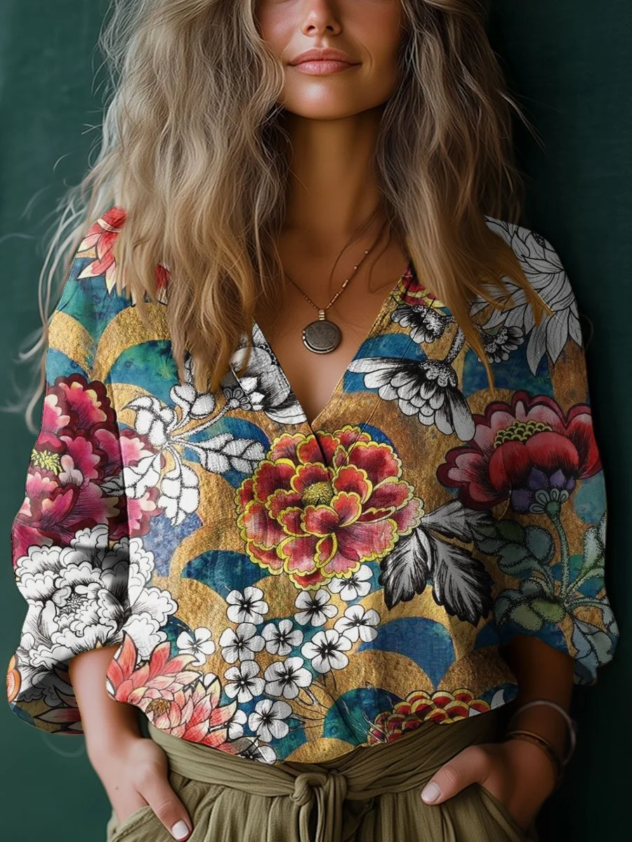 Women's Vintage Flower Art Print Casual Cotton And Linen V-neck Shirt