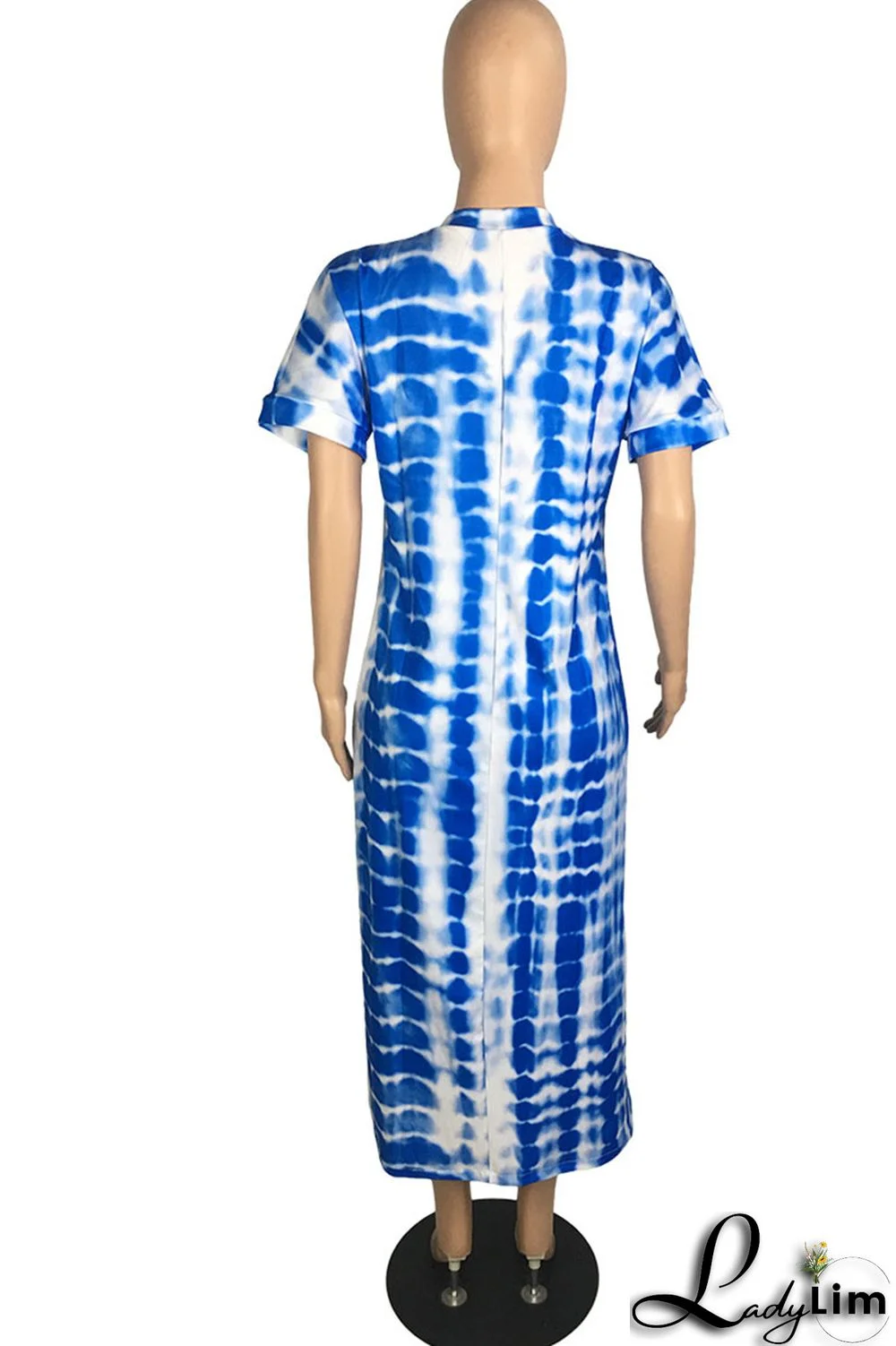 Blue Fashion Casual Print Slit O Neck Short Sleeve Dress Dresses