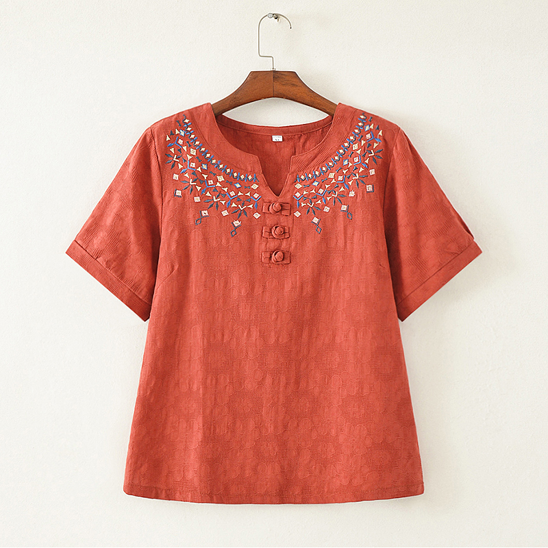 Arkget Shoes | Women's Embroidered Blouse Linen Cotton V-neck Short-sleeve T-shirt