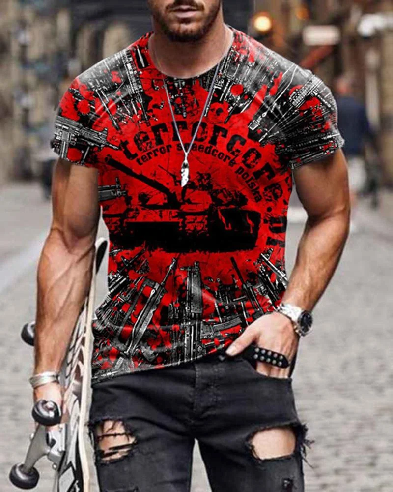 Red Casual Mechanical Pattern Short-sleeved T-shirt