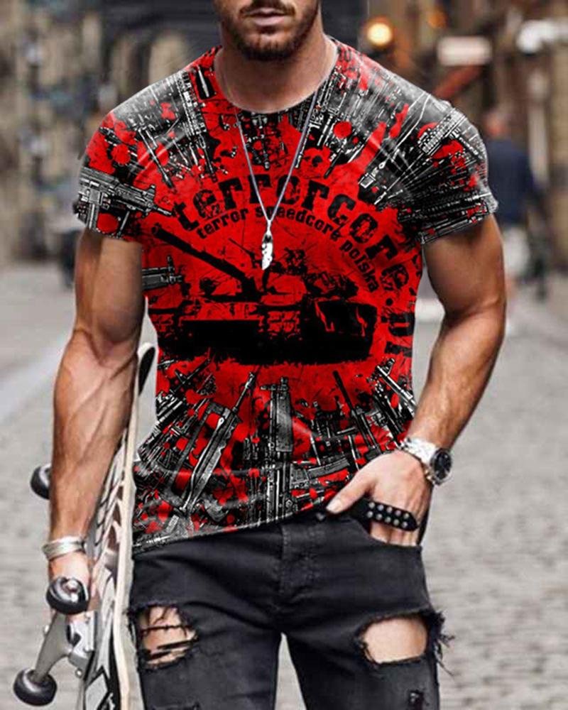 Red Casual Mechanical Pattern Short-sleeved T-shirt