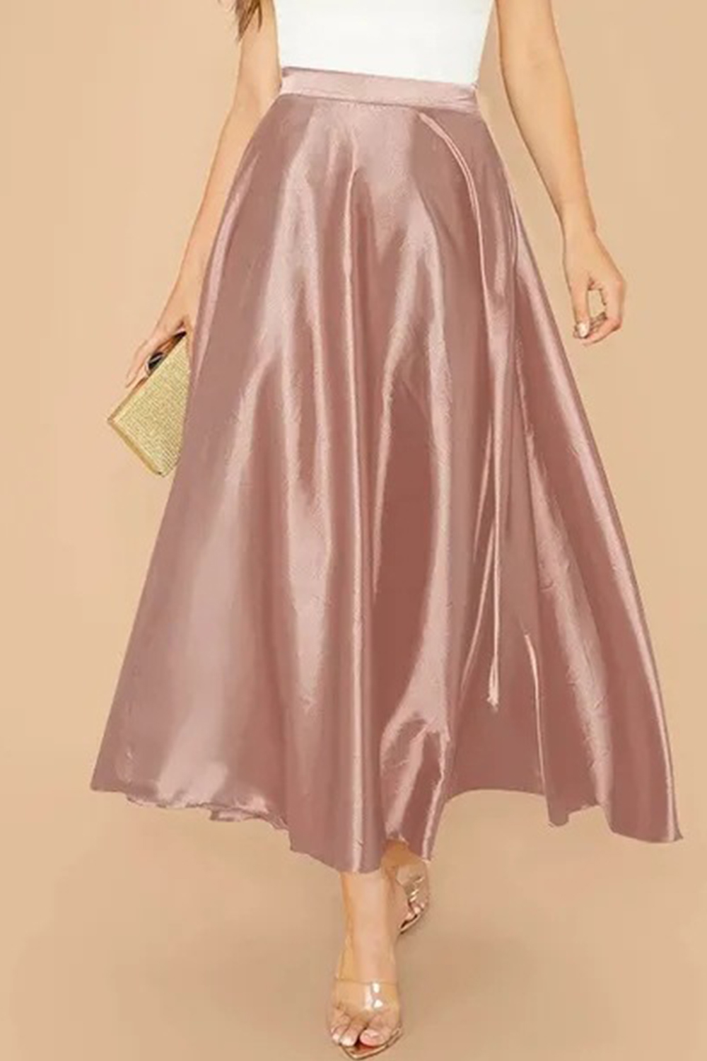 Plus Size Formal Champagne Satin High Rise Midi Skirt 2024 - Flycurvy 