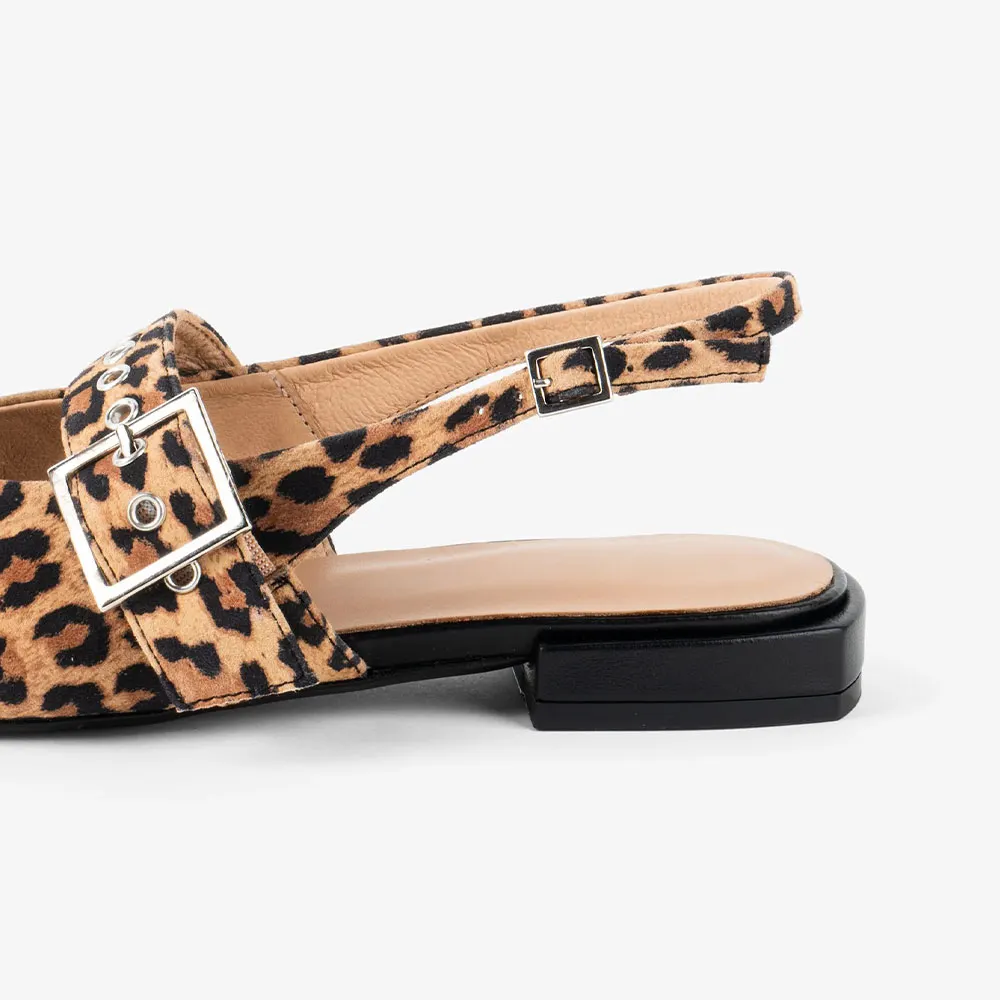 Brown & Black Square Toe Leopard Print Slingback Flats with Grommet