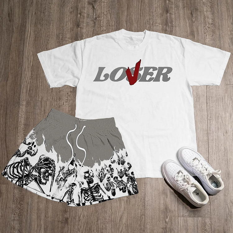 Loser Lover Casual Skull Letters Print T-Shirt And Shorts Co-Ord