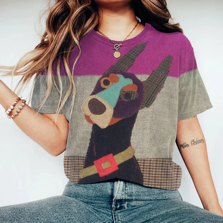 Vintage Art Dog Print Round Neck Casual T-Shirt