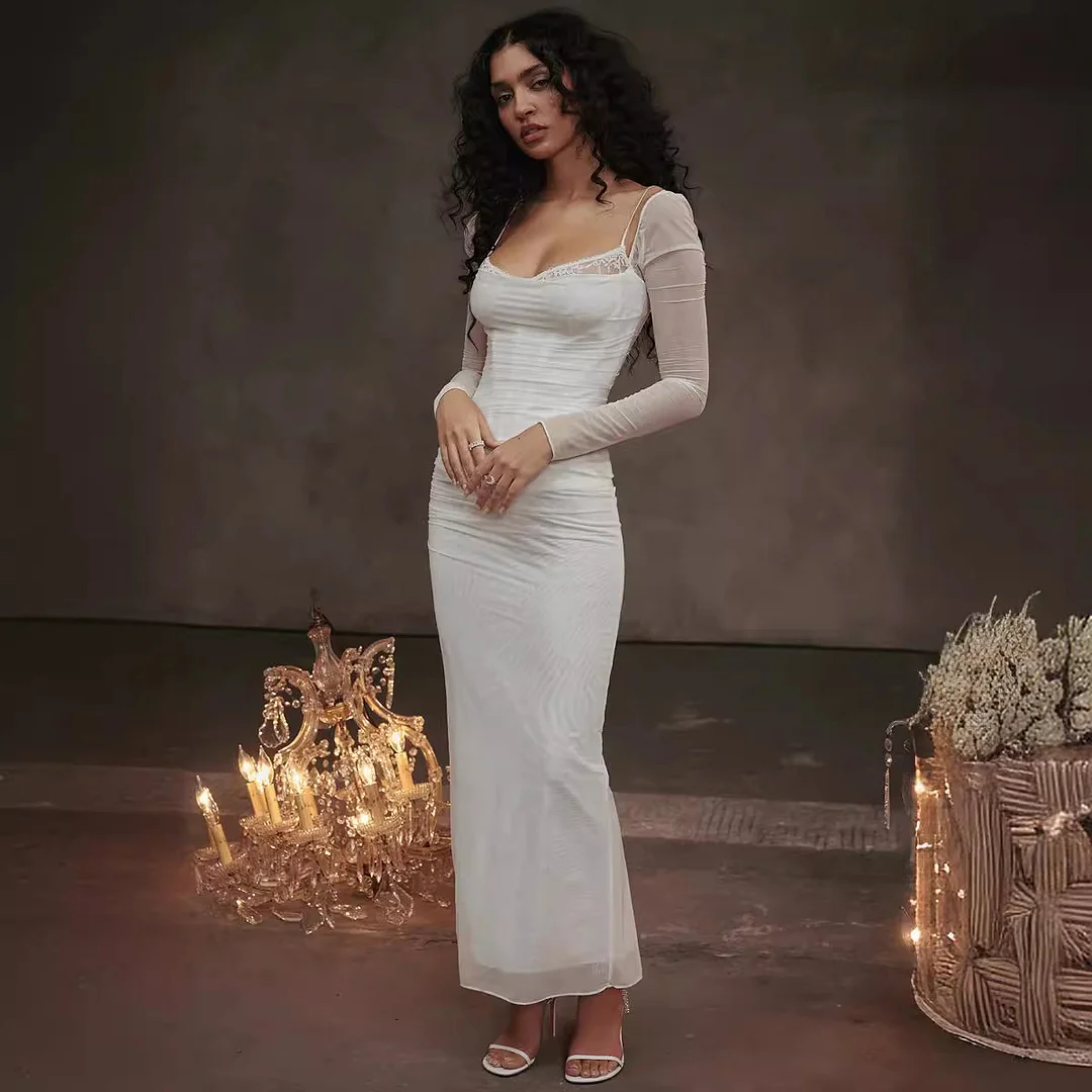Uveng Uveng 2024 New Long-Sleeved Sling Temperament Show Back Tight Open Fork Long Dress Woman