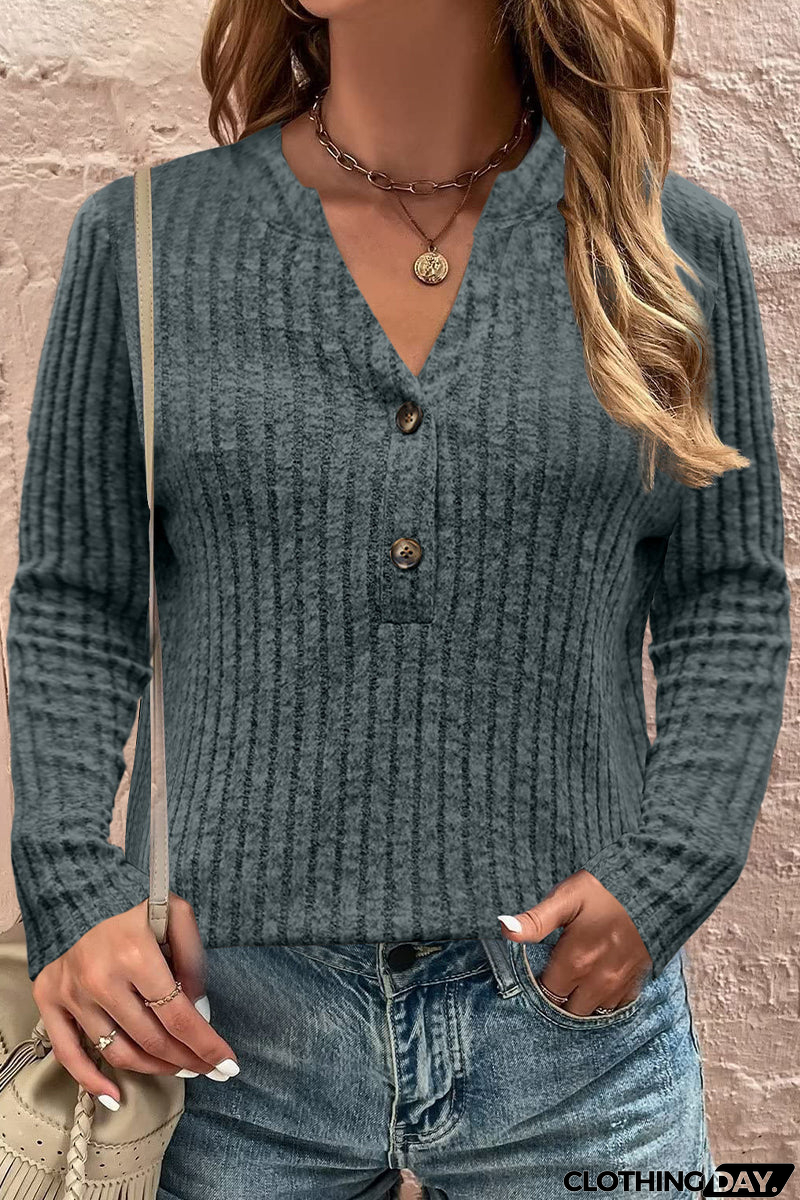 Casual Solid Buttons V Neck Tops