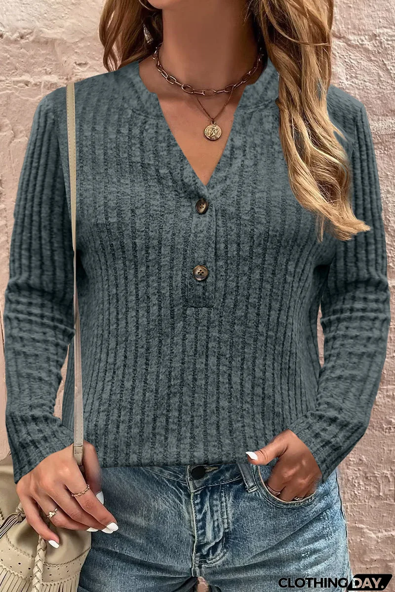 Casual Solid Buttons V Neck Tops