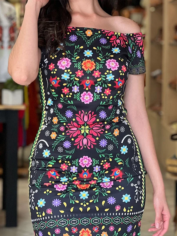   Sexy One Shoulder Floral Embroidery Pattern Ladies Dress