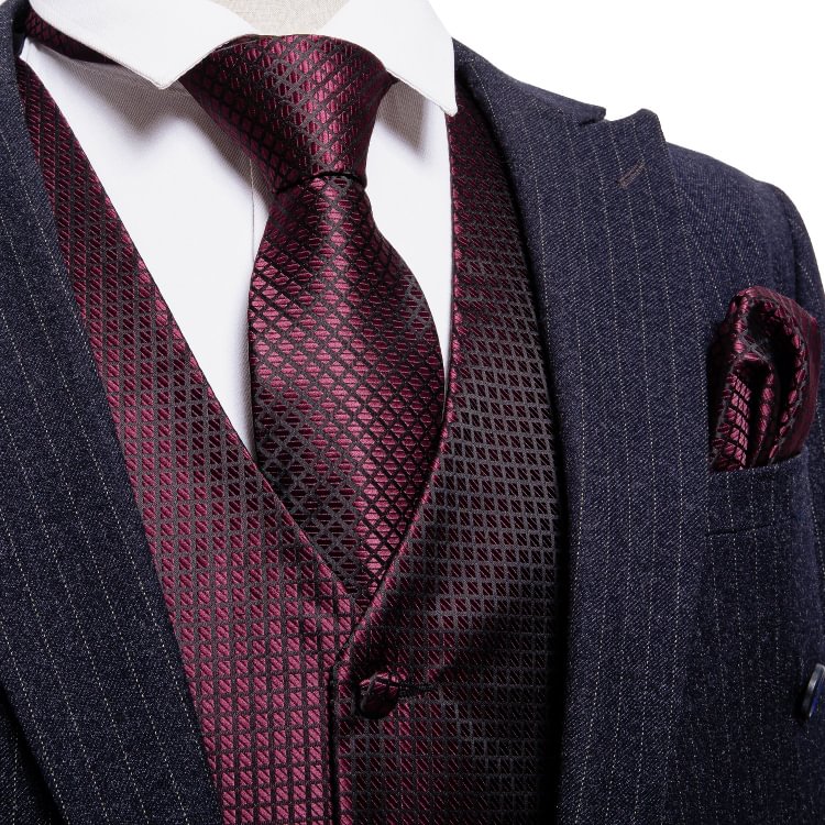 New Burgundy Plaid Jacquard Silk Men's Vest Hanky Cufflinks Tie Set