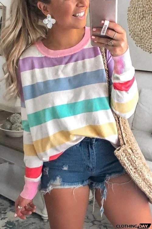 Rainbow Stripe O Neck Long Sleeve T Shirt