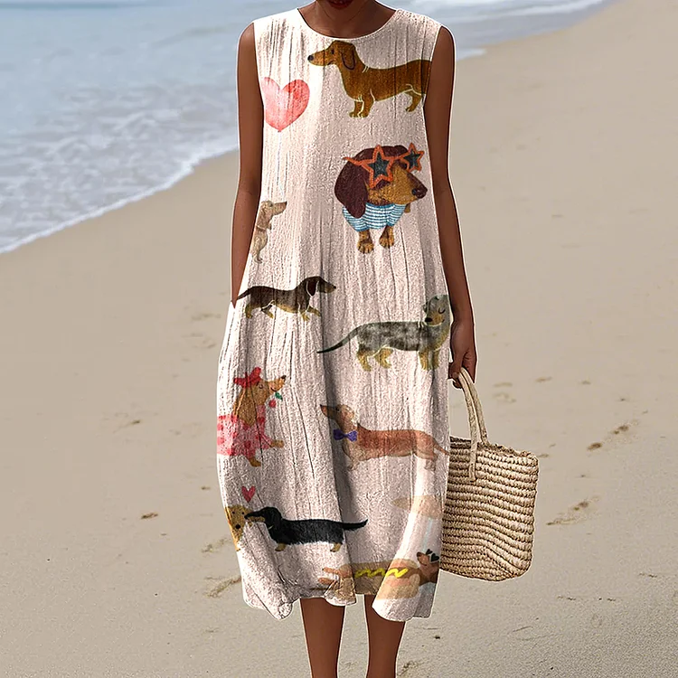 Women's Retro Cool Dogs Art Print Sleeveless Dress