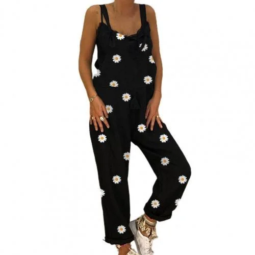 Summer Women Jumpsuits Fashion Jumpsuit Chrysanthemum Print Shoulder Strap Women Loose Sleeveless Backless Romper Overalls 3XL
