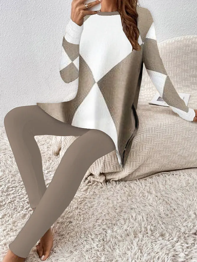 Casual Print Round Neck Two Piece Set