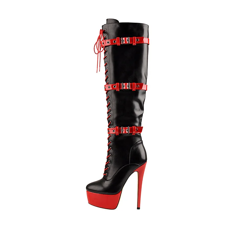 Black & Red Platform High Heels Shoes Round Toe Lace Up Thigh Boots |FSJ Shoes