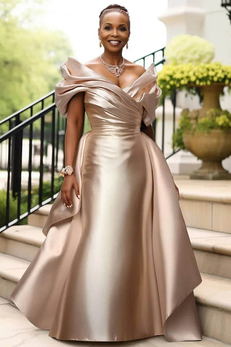 Xpluswear Design Plus Size Formal Champagne V Neck Short Sleeve Peplum Satin Maxi Dresses [Pre-Order]