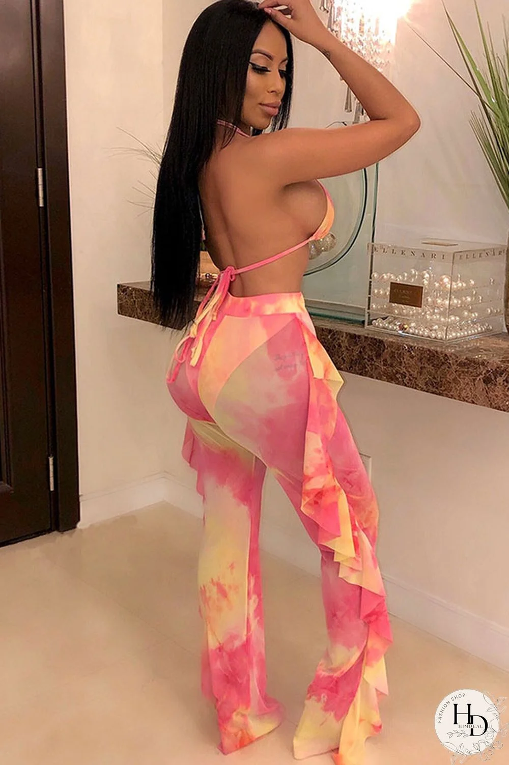 Army Green Sexy Fashion Stringy selvedge Print Tie Dye Patchwork Loose Sleeveless