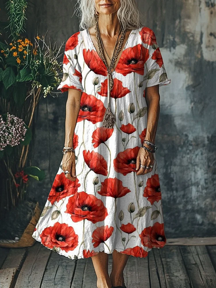Women's  Flowers Art Print Pocket Cotton Dress