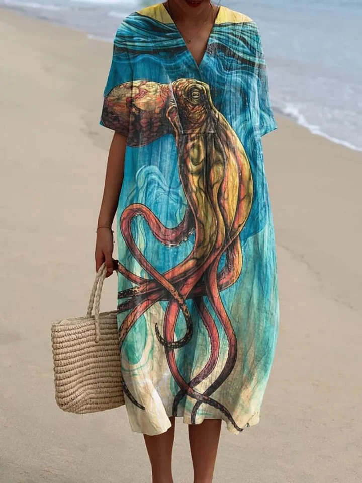 Women's Deep Sea Octopus Art Print Flowy Dress