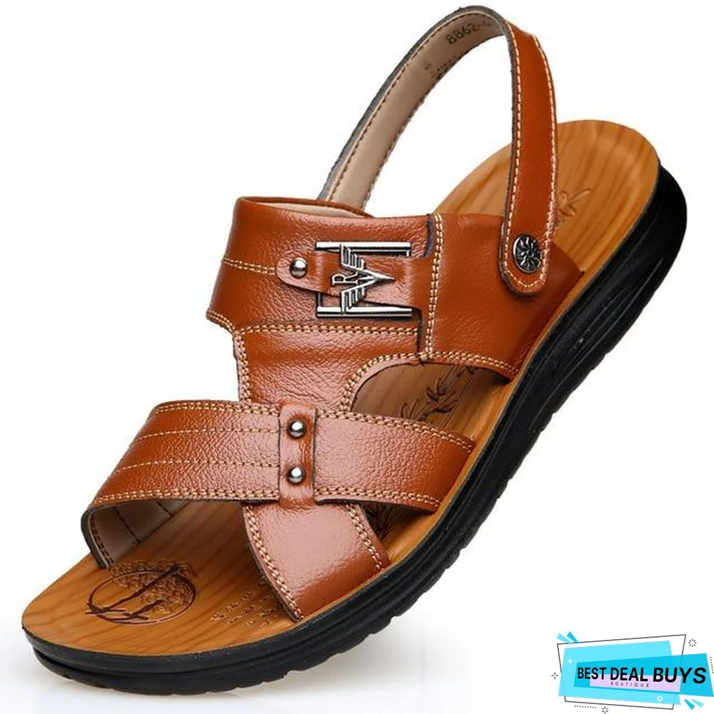 Men's Pu Leather Sandals Non-Slip Casual Beach Flats Flip Flops Sandal Shoes