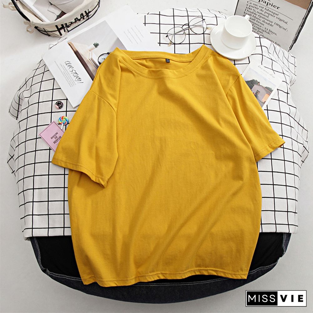 Basic Cotton T Shirt Women Summer New Solid Tees 7 Color Casual Loose Tshirt Korean O Neck Female Tops