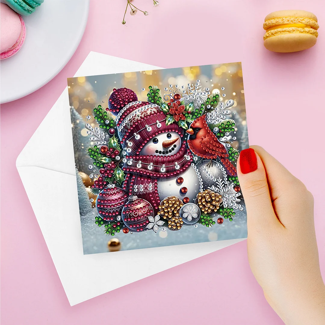 6pcs DIY Christmas Snowman DIY Diamond Painting Greeting Card for Friends Family Gift【With White Envelope】