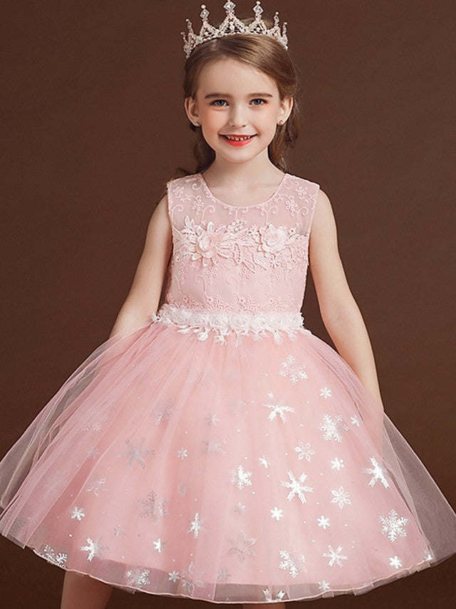Oknass  Ball Gown Sleeveless Jewel Neck Flower Girl Dresses Lace Tulle With Bow Appliques