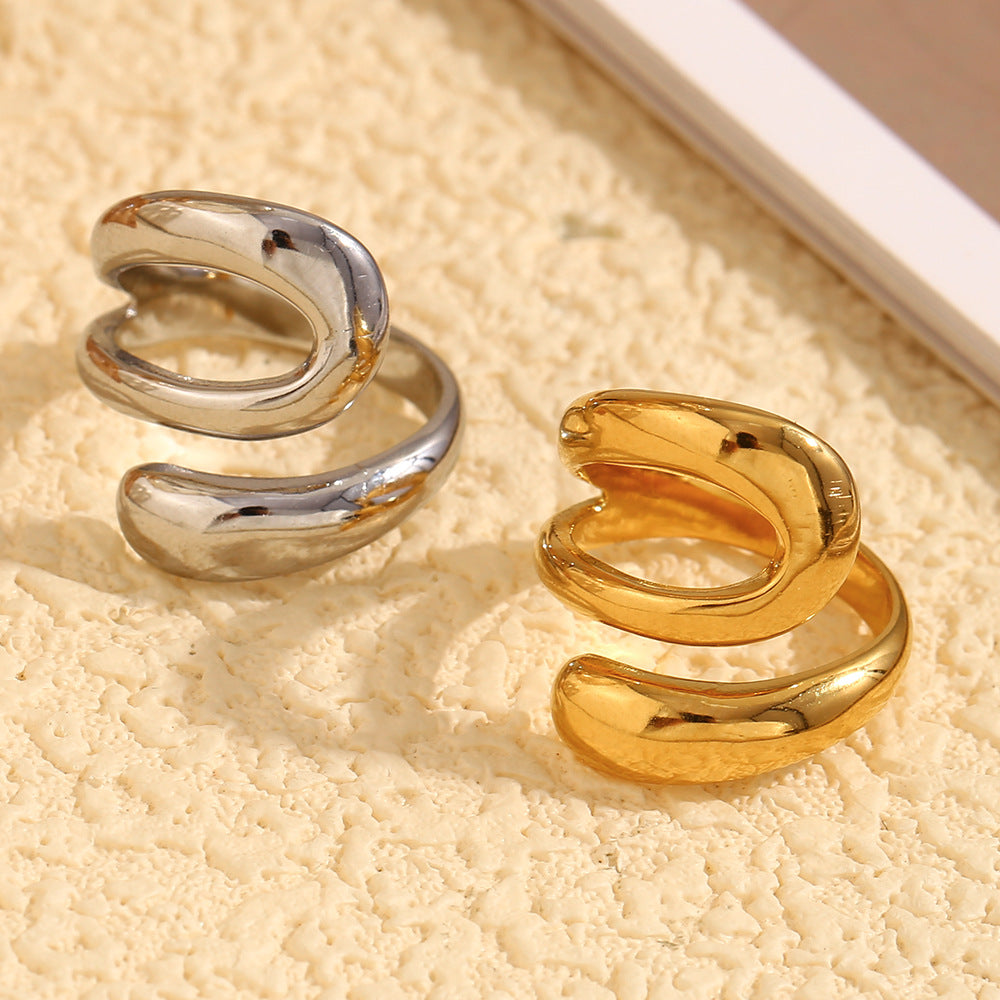 Ins Personality Niche Design Hand Jewelry Stainless Steel Plated 18K Gold French Three-Layer Open Snake Ring Female