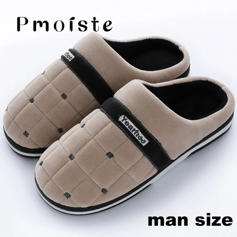 Indoor Slippers for men Plus Size 46-47 Checkered Rubber Male Slippers Soft House slippers Man Winter Plush Family shoes at home